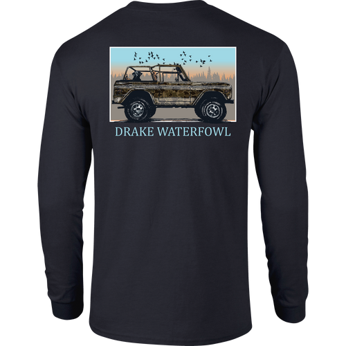 A Drake Old School Ride Along Long Sleeve T-Shirt featuring a Bronco in exclusive Old School Camo. Drake logo on front pocket. Ideal for hunting and outdoor enthusiasts.