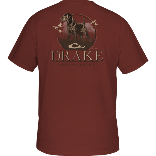 Standing Black Lab T-Shirt featuring a hunting dog amidst grass with flying ducks, Drake logo on front pocket, crafted from a soft cotton-polyester blend.