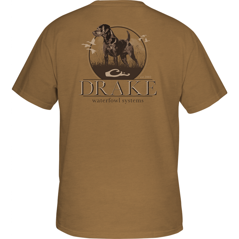 A Purewhitelaneshop Standing Black Lab T-Shirt featuring a Lab graphic on the back and Drake logo on the front pocket. Made of 60% cotton and 40% polyester for comfort and durability.