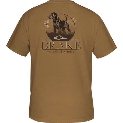 A Purewhitelaneshop Standing Black Lab T-Shirt featuring a Lab graphic on the back and Drake logo on the front pocket. Made of 60% cotton and 40% polyester for comfort and durability.