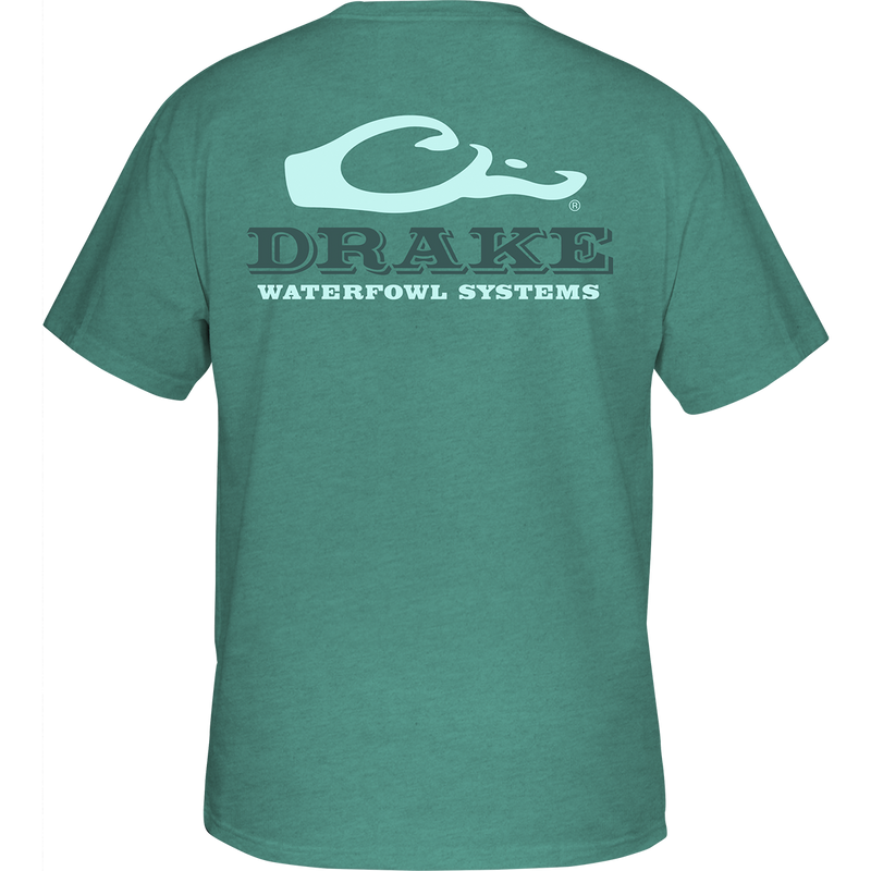 Back of Purewhitelaneshop Logo T-Shirt featuring a teal-green design with a stylized duck-head logo and Purewhitelaneshop SYSTEMS text.