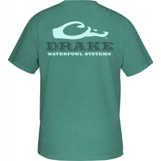 Back of Purewhitelaneshop Logo T-Shirt featuring a teal-green design with a stylized duck-head logo and Purewhitelaneshop SYSTEMS text.
