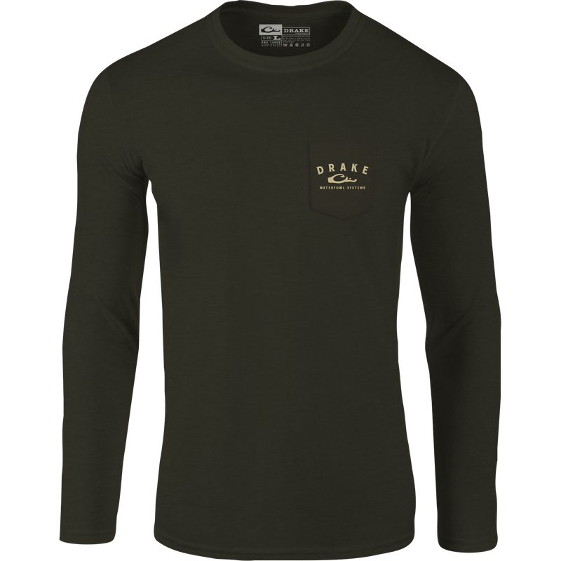 A Purewhitelaneshop Old School Bar Long Sleeve T-Shirt with logo on front pocket and Old School Camo Series back graphic. 60% Cotton/40% Polyester blend for comfort.