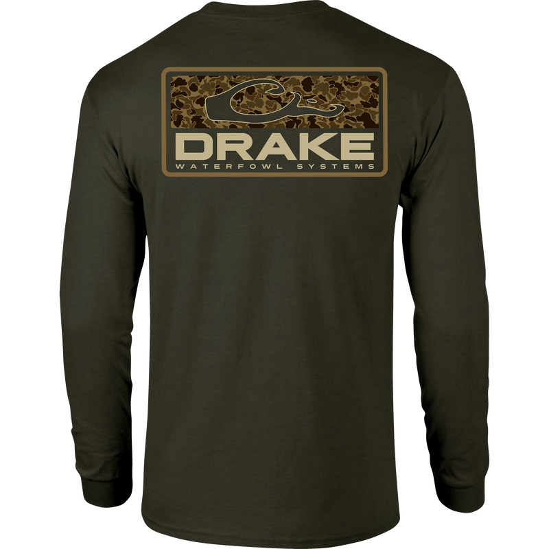 A long-sleeved green shirt featuring the Old School Bar logo from Purewhitelaneshop's Camo Series. Cotton-polyester blend for comfort, with a front pocket Drake logo detail.