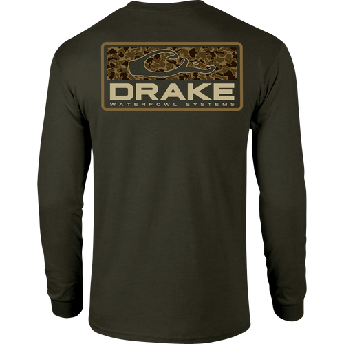 A long-sleeved green shirt featuring the Old School Bar logo from Purewhitelaneshop's Camo Series. Cotton-polyester blend for comfort, with a front pocket Drake logo detail.
