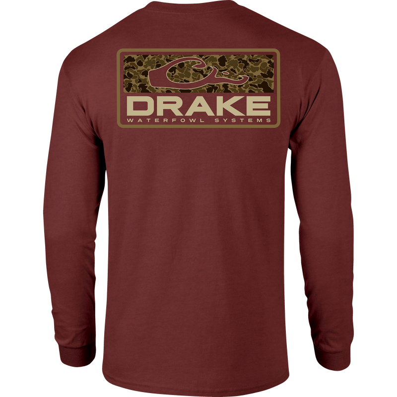 A long-sleeved Old School Bar T-shirt with a Drake logo on the front pocket and a camo-themed Drake logo on the back. Made of 60% cotton and 40% polyester for comfort.