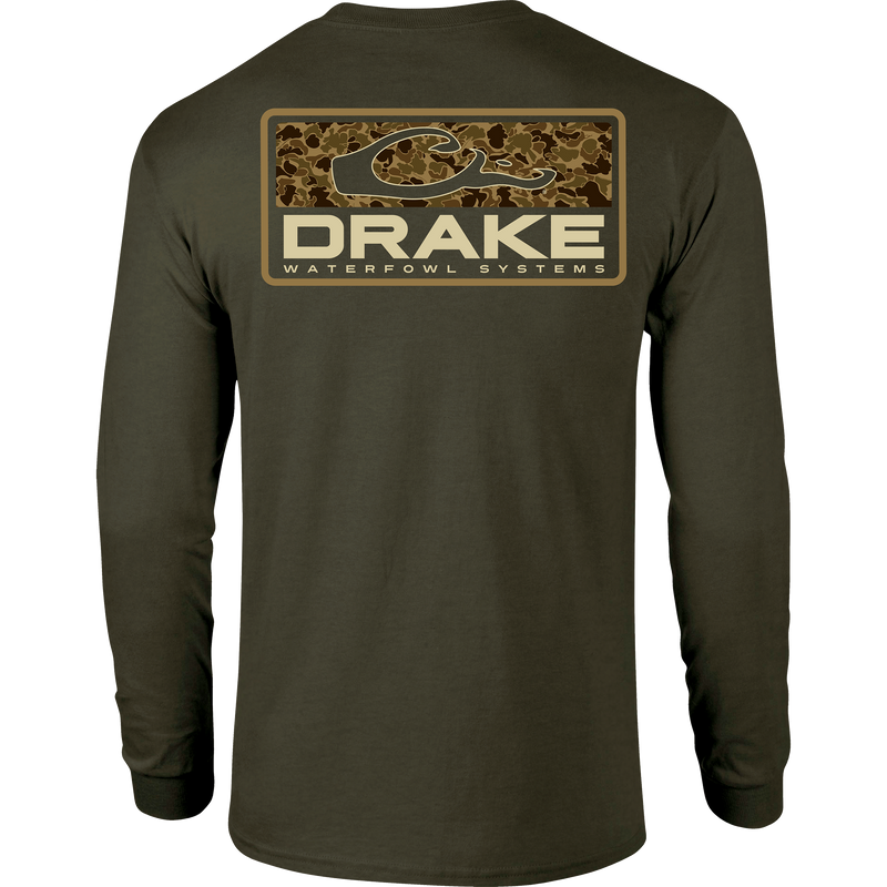 Back view of the Old School Bar Long Sleeve T-Shirt featuring a duck-print camouflage patch with the Drake logo and WATERFOWL SYSTEMS text across the upper back.