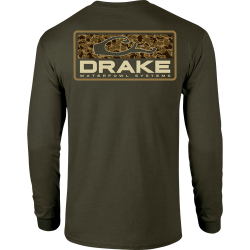 Back view of the Old School Bar Long Sleeve T-Shirt featuring a duck-print camouflage patch with the Drake logo and WATERFOWL SYSTEMS text across the upper back.
