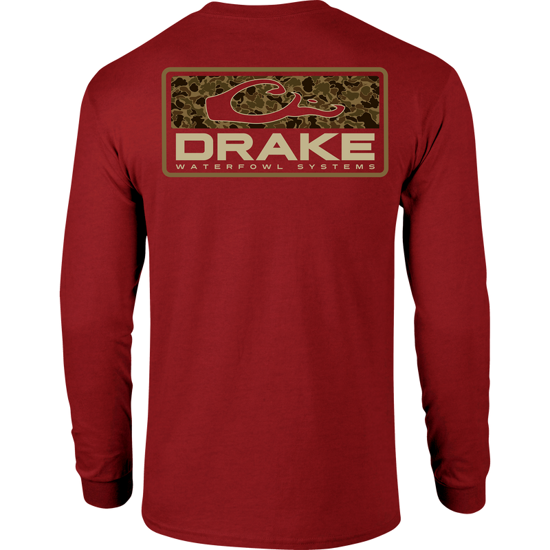 Old School Bar Long Sleeve T-Shirt, featuring a large Drake logo with camouflage background on the back, designed for comfort with a cotton-polyester blend.