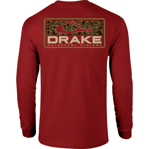 Old School Bar Long Sleeve T-Shirt, featuring a large Drake logo with camouflage background on the back, designed for comfort with a cotton-polyester blend.