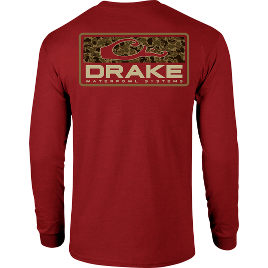 Old School Bar Long Sleeve T-Shirt, featuring a large Drake logo with camouflage background on the back, designed for comfort with a cotton-polyester blend.
