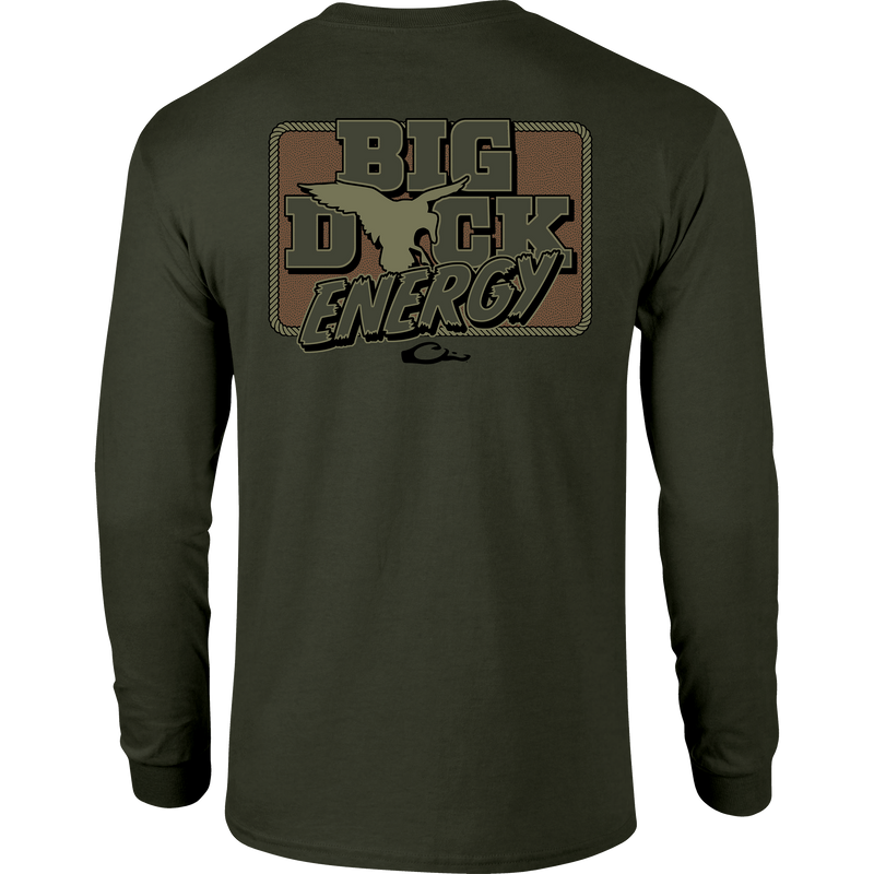 Big Duck Energy Long Sleeve T-Shirt with front pocket Drake logo and back graphic, crafted from a soft cotton-polyester blend for comfort.