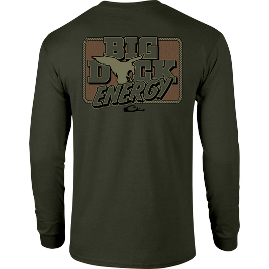 Big Duck Energy Long Sleeve T-Shirt with front pocket Drake logo and back graphic, crafted from a soft cotton-polyester blend for comfort.