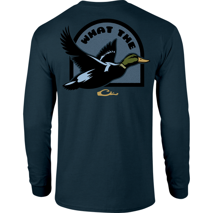 What the Duck Long Sleeve T-Shirt with Drake logo on front pocket and What the Duck graphic on back, providing softness and comfort with a cotton-polyester blend.