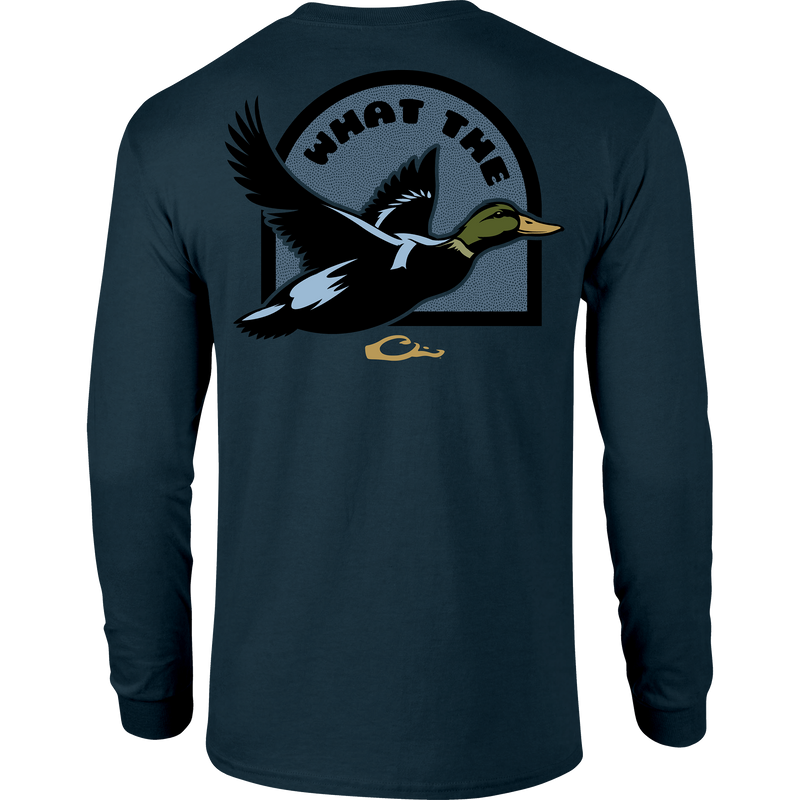 What the Duck Long Sleeve T-Shirt with Drake logo on front pocket and What the Duck graphic on back, providing softness and comfort with a cotton-polyester blend.