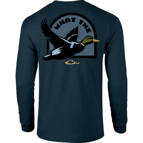 What the Duck Long Sleeve T-Shirt with Drake logo on front pocket and What the Duck graphic on back, providing softness and comfort with a cotton-polyester blend.