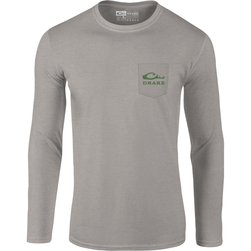 What the Duck Long Sleeve T-Shirt featuring a front pocket Drake logo and a back graphic, crafted from a soft cotton-polyester blend.
