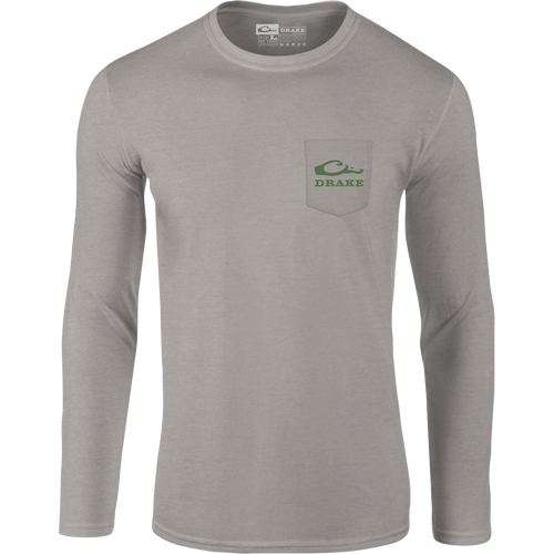 What the Duck Long Sleeve T-Shirt featuring a front pocket Drake logo and a back graphic, crafted from a soft cotton-polyester blend.