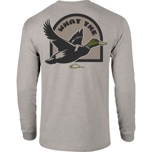 What the Duck Long Sleeve T-Shirt featuring Drake logo on front pocket and graphic on back, made from a soft cotton-polyester blend, perfect for casual wear.