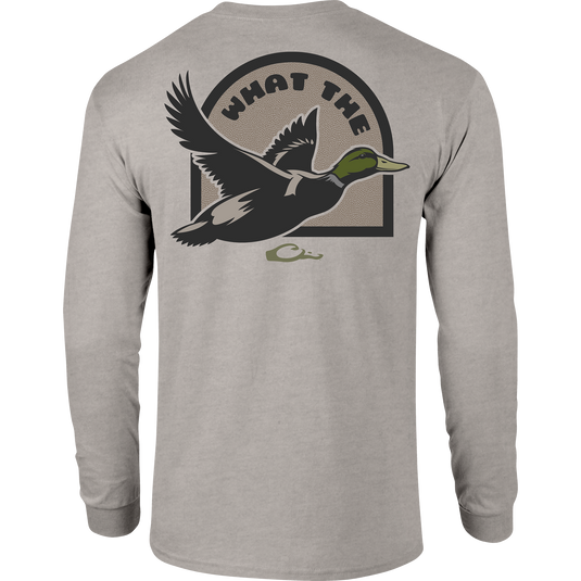 What the Duck Long Sleeve T-Shirt featuring Drake logo on front pocket and graphic on back, made from a soft cotton-polyester blend, perfect for casual wear.