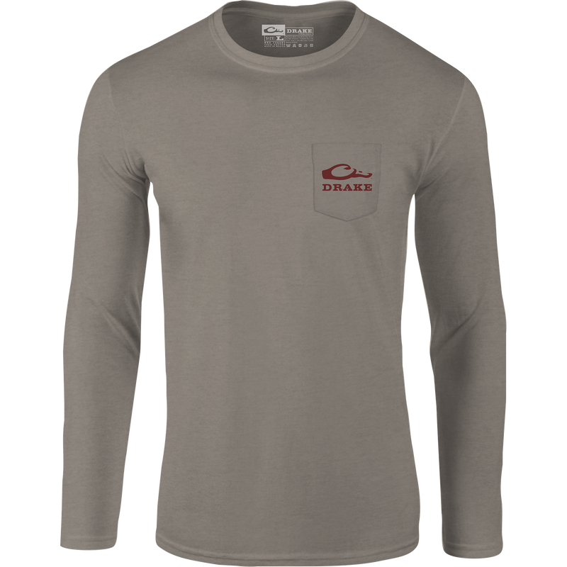 Sportin A Woodie Long Sleeve T-Shirt featuring front pocket Drake logo and back graphic, crafted from a soft cotton-polyester blend for comfort.