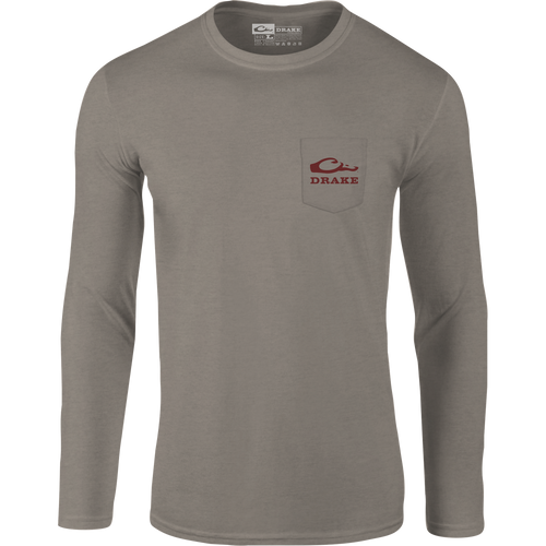 Sportin A Woodie Long Sleeve T-Shirt featuring front pocket Drake logo and back graphic, crafted from a soft cotton-polyester blend for comfort.