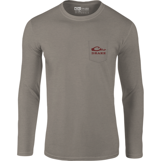Sportin A Woodie Long Sleeve T-Shirt featuring front pocket Drake logo and back graphic, crafted from a soft cotton-polyester blend for comfort.