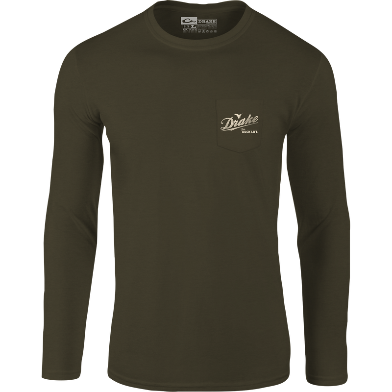 Drake Life Long Sleeve T-Shirt, featuring front pocket logo and back duck graphic, crafted from a soft cotton-polyester blend for comfort.