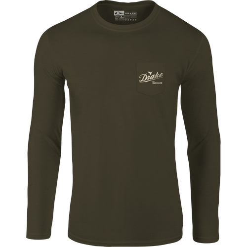 Drake Life Long Sleeve T-Shirt, featuring front pocket logo and back duck graphic, crafted from a soft cotton-polyester blend for comfort.