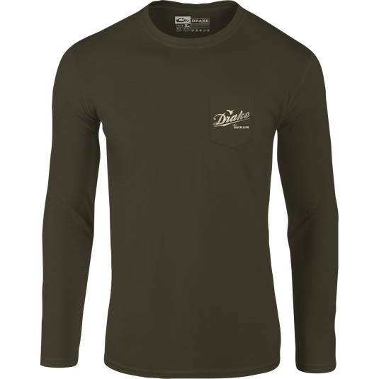 Drake Life Long Sleeve T-Shirt, featuring front pocket logo and back duck graphic, crafted from a soft cotton-polyester blend for comfort.