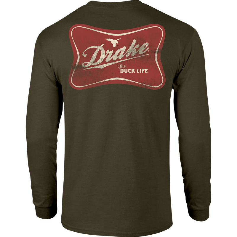 The Drake Life Long Sleeve T-Shirt with front pocket logo and Drake Duck Life graphic on the back, offering softness and comfort with a cotton-polyester blend.