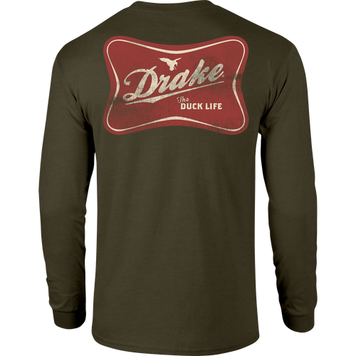 The Drake Life Long Sleeve T-Shirt with front pocket logo and Drake Duck Life graphic on the back, offering softness and comfort with a cotton-polyester blend.