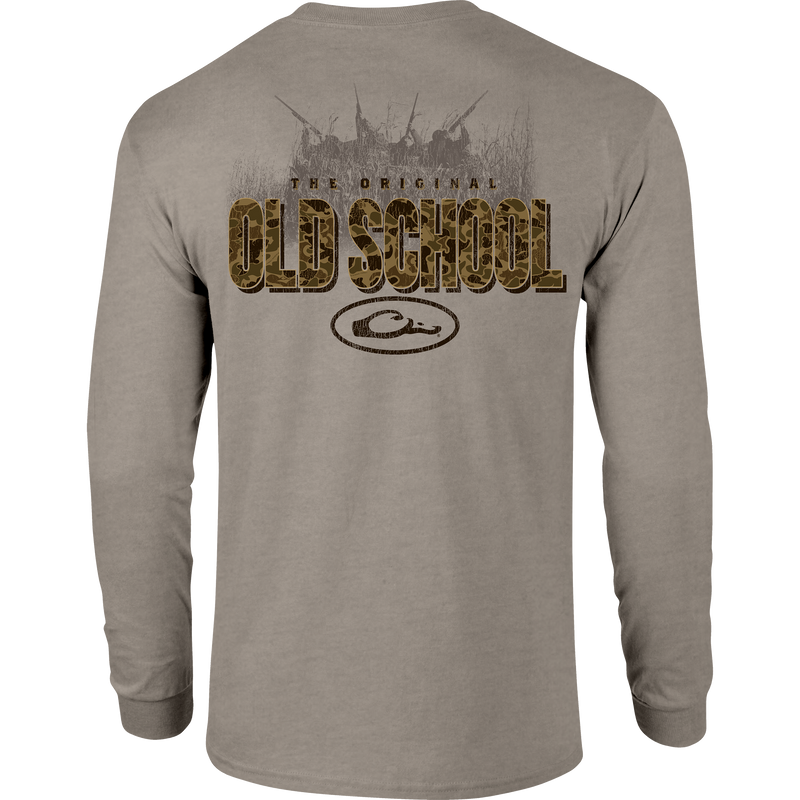 Old School Original Long Sleeve T-Shirt featuring a front pocket with the Drake logo and a large graphic on the back, offering softness and comfort.