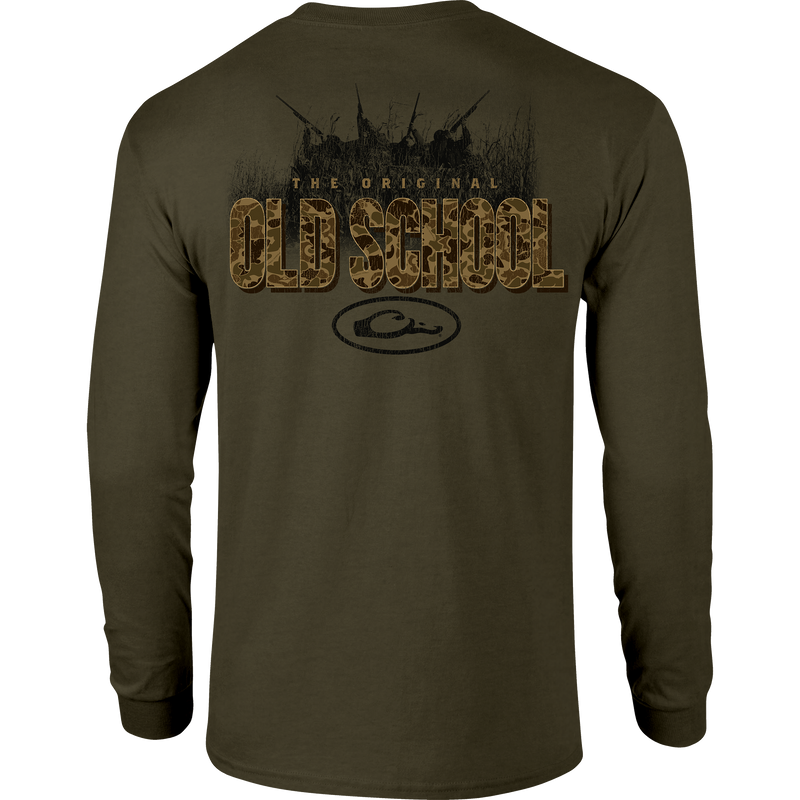 Old School Original Long Sleeve T-Shirt featuring a front pocket with Drake logo and a back graphic, crafted from a soft cotton-polyester blend for comfort.