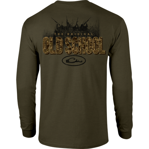 Old School Original Long Sleeve T-Shirt featuring a front pocket with Drake logo and a back graphic, crafted from a soft cotton-polyester blend for comfort.