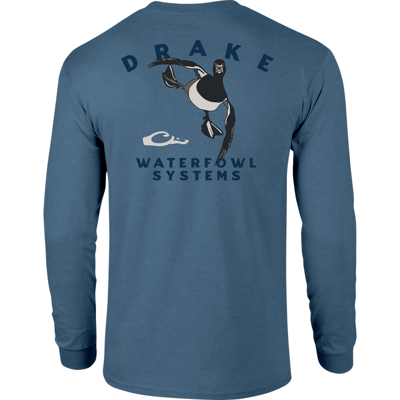 Retro Ringneck Long Sleeve T-Shirt featuring front pocket with Drake logo and a retro Ringneck graphic on the back, made from 60% cotton, 40% polyester.
