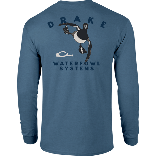 Retro Ringneck Long Sleeve T-Shirt featuring front pocket with Drake logo and a retro Ringneck graphic on the back, made from 60% cotton, 40% polyester.