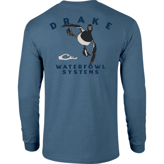 Retro Ringneck Long Sleeve T-Shirt featuring front pocket with Drake logo and a retro Ringneck graphic on the back, made from 60% cotton, 40% polyester.