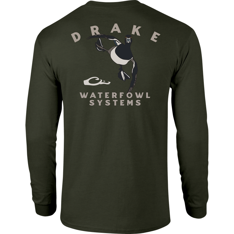 Retro Ringneck Long Sleeve T-Shirt with front pocket Drake logo and retro Ringneck graphic on back, crafted from a soft cotton-polyester blend.