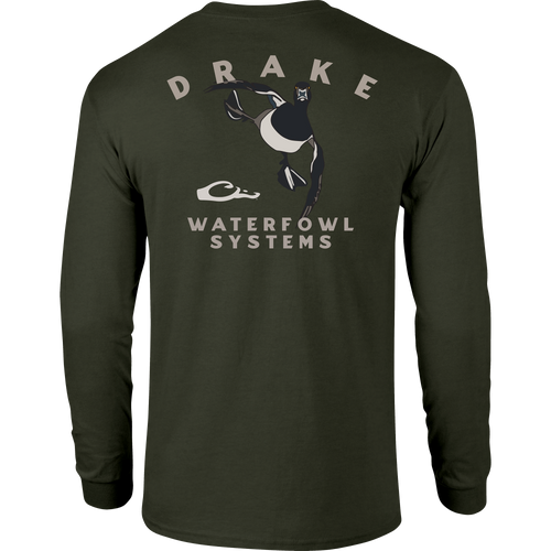 Retro Ringneck Long Sleeve T-Shirt with front pocket Drake logo and retro Ringneck graphic on back, crafted from a soft cotton-polyester blend.