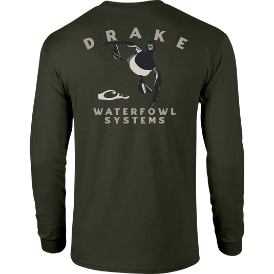 Retro Ringneck Long Sleeve T-Shirt with front pocket Drake logo and retro Ringneck graphic on back, crafted from a soft cotton-polyester blend.