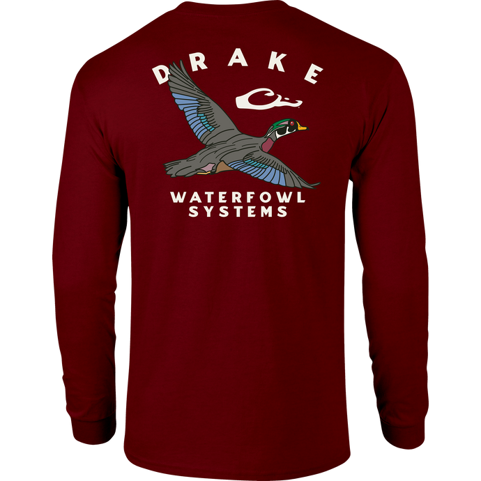 Retro Wood Duck Long Sleeve T-Shirt featuring a front pocket with Drake logo and a large retro wood duck graphic on the back.