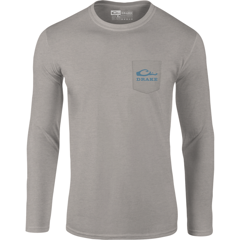 Retro Wood Duck Long Sleeve T-Shirt featuring Drake logo on front pocket and retro wood duck graphic on back, crafted from soft cotton-polyester blend.
