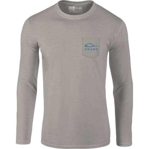 Retro Wood Duck Long Sleeve T-Shirt featuring Drake logo on front pocket and retro wood duck graphic on back, crafted from soft cotton-polyester blend.