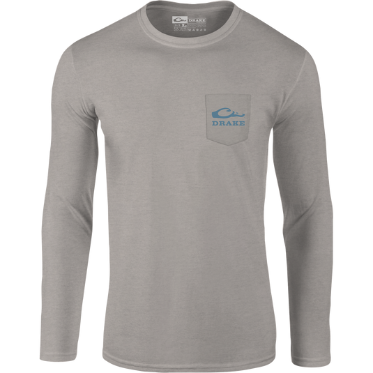 Retro Wood Duck Long Sleeve T-Shirt featuring Drake logo on front pocket and retro wood duck graphic on back, crafted from soft cotton-polyester blend.