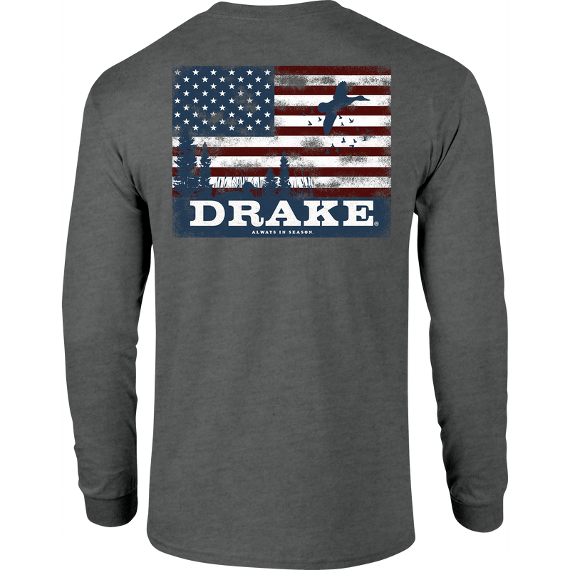 Back view of the Americana Scenic Long Sleeve T-Shirt featuring a distressed American flag with marsh grasses and ducks, and DRAKE with ALWAYS IN SEASON slogan below.