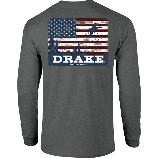 Back view of the Americana Scenic Long Sleeve T-Shirt featuring a distressed American flag with marsh grasses and ducks, and DRAKE with ALWAYS IN SEASON slogan below.
