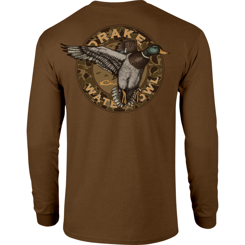 Circle Mallard Long Sleeve T-Shirt features a front Drake logo and back Mallard graphic, blending 60% cotton with 40% polyester for comfort.