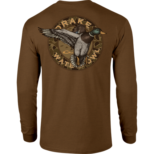 Circle Mallard Long Sleeve T-Shirt features a front Drake logo and back Mallard graphic, blending 60% cotton with 40% polyester for comfort.