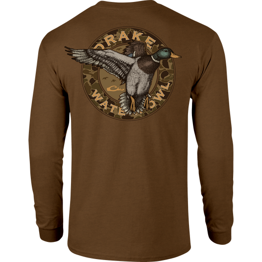 Circle Mallard Long Sleeve T-Shirt features a front Drake logo and back Mallard graphic, blending 60% cotton with 40% polyester for comfort.